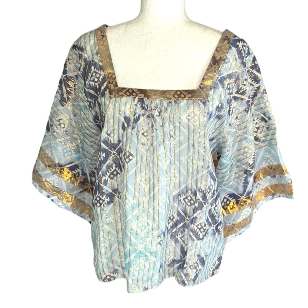 NWT Anthropologie RD & Koko Blue & Metallic Gold Aztec Striped Print Top - S